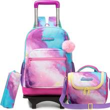 女童拉杆背包，适合8-12岁女孩，可爱带轮书包，带午餐盒，返校用品