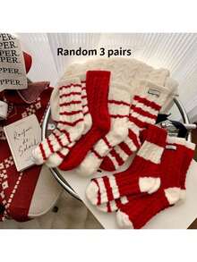 1 Pair Winter & New Year Wool Blend Striped Mid-Calf Socks For Women, Warm & Soft Fleece Lined Christmas Red Socks - Multicolor - View 12