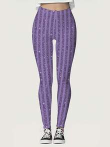 Women'S Glittery Purple Striped Leggings - Ultra-Soft Stretchy Jeggings With Sparkling Detail, High-Waisted Casual Pants For Spring Summer Fall, Comfortable Everyday Wear, High Waisted Leggings, Seasonal Fashion, Comfortable Fit - style - 查看 1