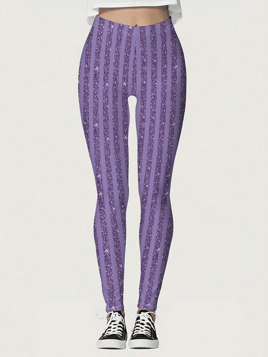 Women'S Glittery Purple Striped Leggings - Ultra-Soft Stretchy Jeggings With Sparkling Detail, High-Waisted Casual Pants For Spring Summer Fall, Comfortable Everyday Wear, High Waisted Leggings, Seasonal Fashion, Comfortable Fit - style - 查看 1