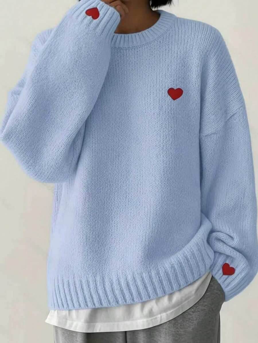 Nuevo suéter de moda 2025 para mujer con diseño de corazón del Día de San Valentín y hombros caídos. Es un versátil jersey de cuello redondo de manga larga, con un diseño elegante, suave y transpirable, adecuado para la temporada de otoño/invierno y el uso diario. - Azul - Ver 1