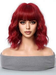 14英寸短款波浪红色假发，女士耐热自然波浪假发，带夹子，适合初学者，适用于万圣节和圣诞节 - 紅色 - 查看 3