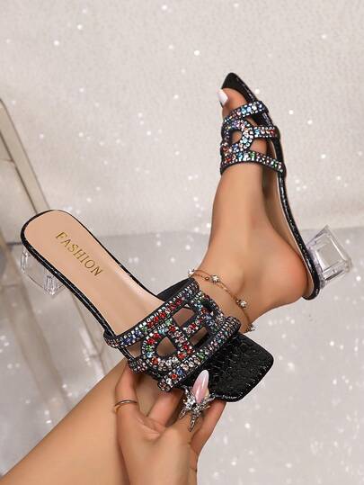 新款时尚舒适加大码方头粗跟凉鞋，闪亮优雅复古奢华PU皮革，随机颜色水钻点缀，女士高跟凉鞋，适合海滩、婚礼、派对、夏季户外活动