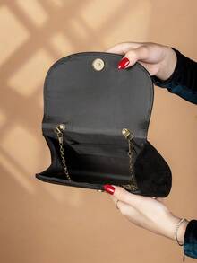 REMANLAND 1pc Solid Color Plush Magnetic Closure Elegant Fashion Clutch Bag Suitable For Women's Daily Use - Black - View 7