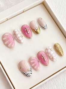 10片装 Y2K Baddie 斑马纹渐变 3D 长水滴十字金边杏仁形美甲贴纸 美甲用品 手工按压式美甲贴片 - 彩色 - 查看 1