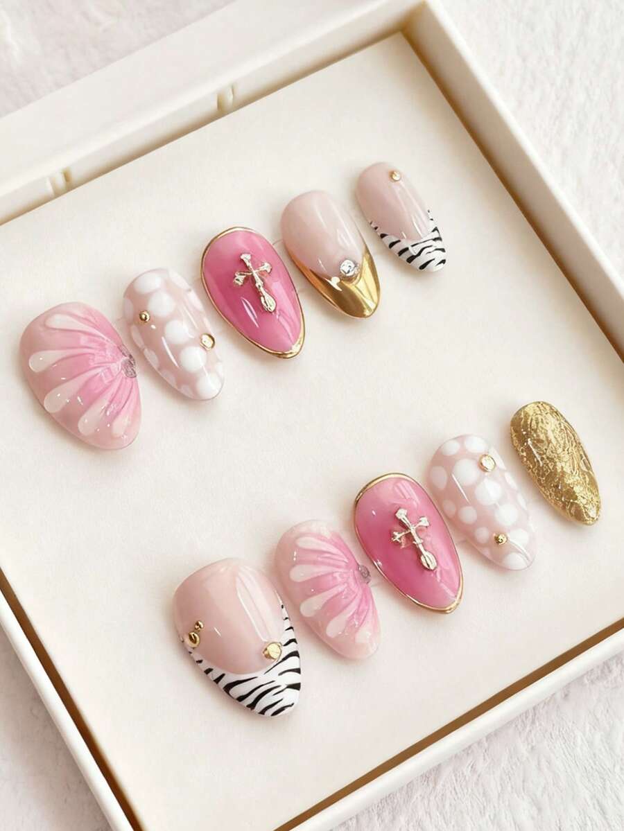 10片装 Y2K Baddie 斑马纹渐变 3D 长水滴十字金边杏仁形美甲贴纸 美甲用品 手工按压式美甲贴片 - 彩色 - 查看 1