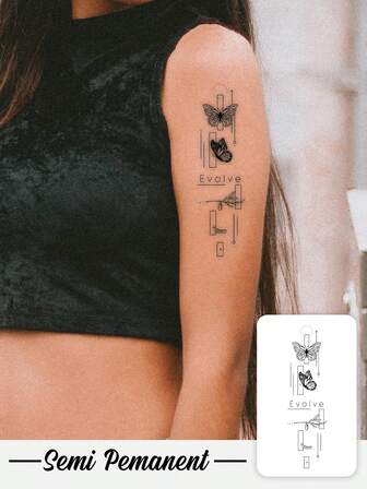 Autocollants de tatouage temporaire à base de plantes durant 7 à 14 jours. Design géométrique sombre et esthétique avec un motif de papillon volant. Imperméable et anti-transpiration. Lavable et non réfléchissant. Tatouages simulés sur les bras et les épaules. Convient aux personnes à la mode. Dure de 3 à 5 jours.