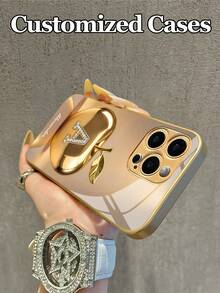 1pc Customizable 26 Letters & Name Design With Fashionable Metal Apple Pattern Tempered Glass Material Phone Case, Compatible With IPhone17 ProMax/17Air/16 ProMax/15 Pro/14 Plus/13 Pro/12 Pro Max/11/Xs Max/8/7/6 Plus, S24 Ultra/S25 Ultra/A12, High-End Business Customization, Best Gift For Boyfriend, Girlfriend And Family - Gold - View 5