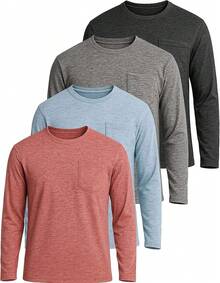 4 Pack: Men's Dry-Fit Active Athletic Long Sleeve Pocket Crew-Shirt Outdoors UPF 50 (S-5XLT), Breathable,-Wicking - Set 4 - View 12