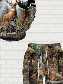 Spring And Autumn Men'S Casual Hooded Sweatshirt And Pants Two-Piece Set High-End Forest Animal Print, Plus Size - style - 查看 6