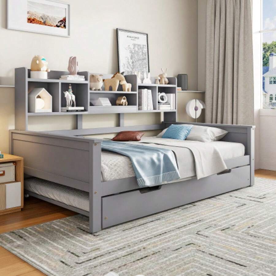 Ausziehbares Schlafsofa 90*200CM Massivholz, Ausziehbett 90*190CM, mit Staufach und Lattenrost, Kiefer Multifunktionsbett, Einzelbett, Weiß - Gris - Voir 1