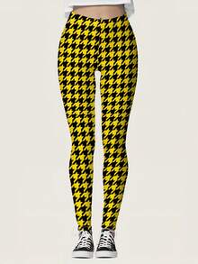 Women'S High-Waisted Print Leggings - Ultra-Soft, Comfortable Joggers With Bold Houndstooth Pattern, Black & Yellow Check Design, Perfect For Spring/Summer/Fall Casual Wear, Ladies Legging - style - 查看 2