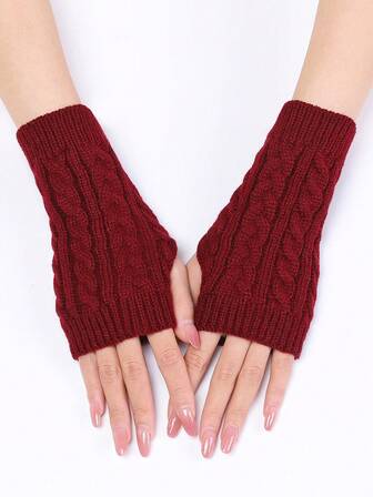 1 Pair Women's Thick Knitted Textured Arm Warmers, Outdoor Warm Windproof Gloves For Autumn/Winter, Fashion Simple Versatile Design For Students, Writing