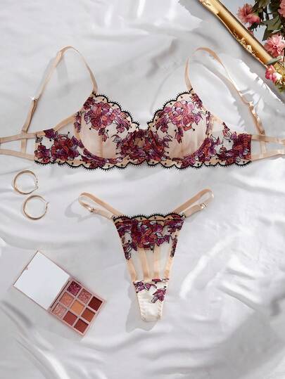 Conjunto de lencería elegante y lujoso para damas con bordado floral de color albaricoque y malla sexy