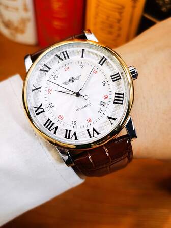 T-WINNER 1 pieza Reloj de hombre de moda de negocios, marca de lujo, ventana de calendario, correa de cuero, clásico y casual, reloj mecánico automático, regalo con caja