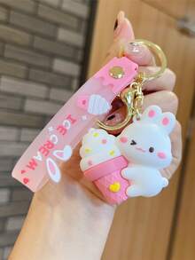 1pc Cute Ice Cream Bunny Car Pendant Keychain, Backpack Charm, Cartoon Prince Keyring - A - View 8