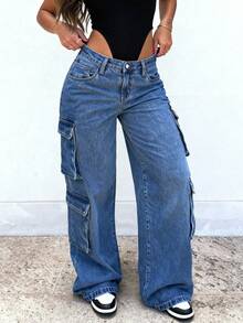 Quần jean denim ống đứng nhiều túi dáng rộng dành cho nữ cỡ lớn, thích hợp cho mùa xuân. - Rửa tối - Xem 5