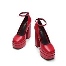 Women's Y2K High Chunky Platform Pumps Square Toe Heels Closed Toe Block Ankle Strap Solid Color Elegant Party Festival Shoes For Fall And Winter - 紅色 - 查看 2