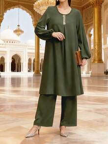 2pcs Women Ramadan Abaya Top And Wide Leg Pants Set, Moroccan Ramadan Robe - Army Green - View 5