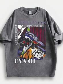 Washed T-Shirt Unisex | Retro Mecha Graphic | Anime Print Short Sleeve - 灰色 - 查看 1