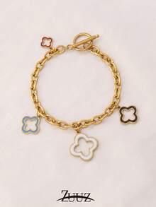 1pc Stainless Steel Lucky Four-Leaf Clover Bracelet, Women Enamel Floral Pendant Chain Bracelet, Party Jewelry Gift - Bracelet - View 16
