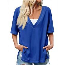 - Camisetas de gran tamao para mujer, cuello en V profundo, manga corta, casual, ajuste holgado, con abertura lateral - marino + 2XL - Ver 2