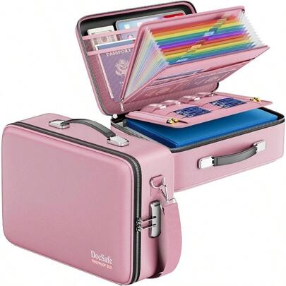 Caja ignífuga con cerradura Doc, organizador de archivos con carpeta acordeón, caja resistente al agua y al fuego para almacenamiento de documentos importantes, portátil, color rosa, para el hogar, la oficina y los viajes