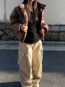 纽扣V领百搭优雅修身短袖T恤 - 黑色 - 查看 6