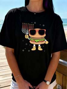 Israelischer  Jüdischer Hamburger Burger Chanukka T-Shirt Damen T-Shirt Grafik-T-Shirts Crop Tops Outfits Tops T-Shirt - Schwarz - Übersicht 1