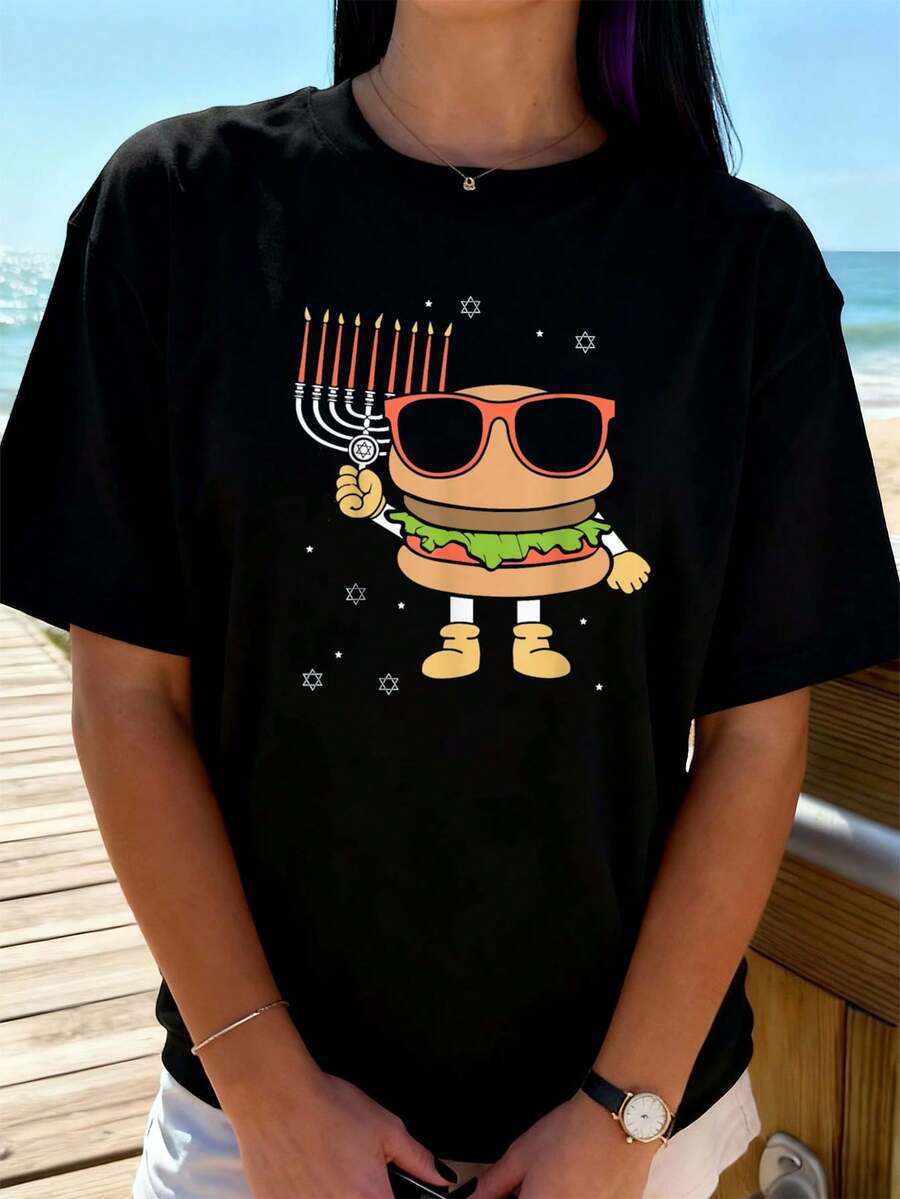 Israelischer  Jüdischer Hamburger Burger Chanukka T-Shirt Damen T-Shirt Grafik-T-Shirts Crop Tops Outfits Tops T-Shirt - Schwarz - Übersicht 1