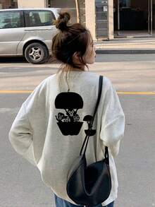 T-Shirt Long Sleeve Autumn Ladies Fashion T-Shirt Office Casual 210g Cotton Character Print Loose Fit Black Y2K Ladies Tops - 淺灰色 - 查看 1