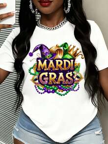 Women Mardi Gras Festival Print T Shirt With Purple Green And Gold Hat Crown Beads Design Round Neck Cotton Casual Top For Party Celebration Events - White - View 6