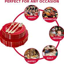 175 Red Plastic Dinner Plates - Includes 50 Plates, 25 Packs Of Pre-Rolled Napkins (With Utensils), And 25 Wedding Cups With Red Gold Trim Disposable Plates - 25-Person Baroque-Style Plastic Cutlery Set,Valentine's Day - 紅色 - 查看 7