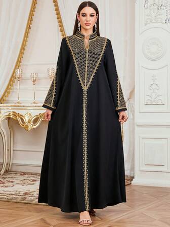 New Elegant Beaded Embroidery Printed Dress, Woven Fabric, Suitable For Spring/Summer