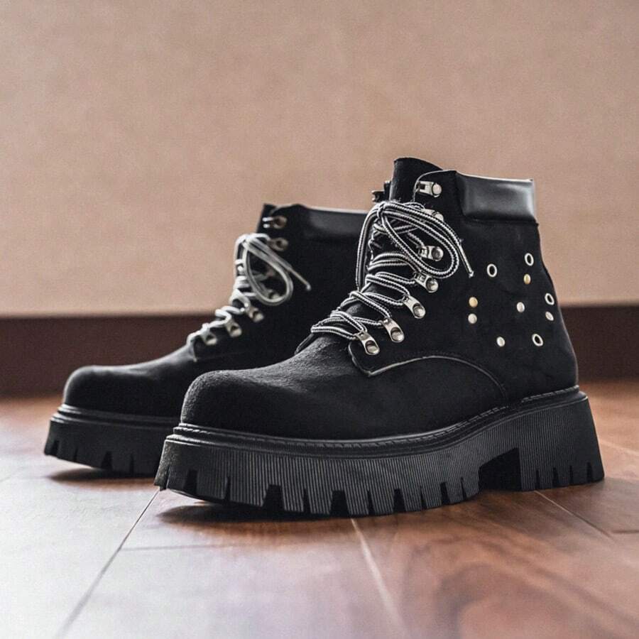 男士新款冬季高帮靴，厚底休闲高端靴 - 黑色 - 查看 1