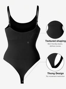 1pc Women Plus Size Seamless Butt Lifter Bodysuit, Shapewear Tummy Control Thong, Summer - Black - View 2