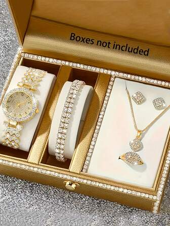 6件套精美女士石英表套装，包含手链、项链、戒指和耳环，圆形表盘，个性化无刻度设计，固定尺寸表带，适合节日礼物和日常佩戴，不含包装盒