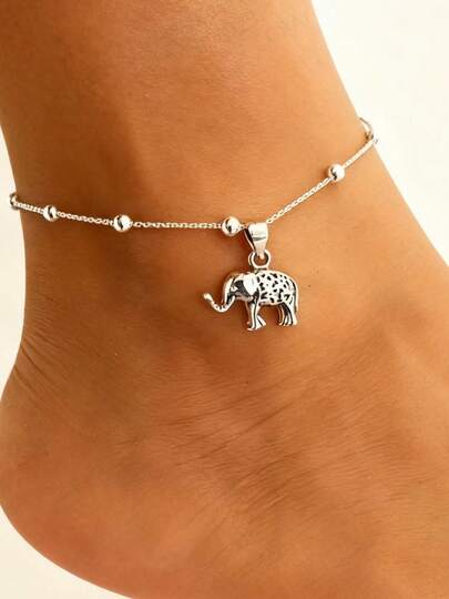 1pc Fashionable Elegant Silver Alloy Beaded Elephant Anklet Chain, Suitable For Daily Wear, Dates, Birthdays, Beach, Shopping