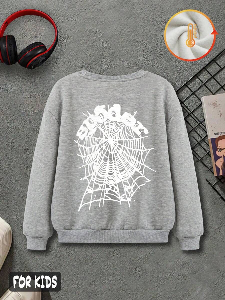 Boys' cotton black drop-shoulder sweatshirt, street-style cool spider web pattern top, loose-fitting casual sweatshirt, thick fabric warm round-neck sweatshirt for autumn and winter, leeren's flee-Crena's flee-d leeaut.com - 花灰色 - 查看 1