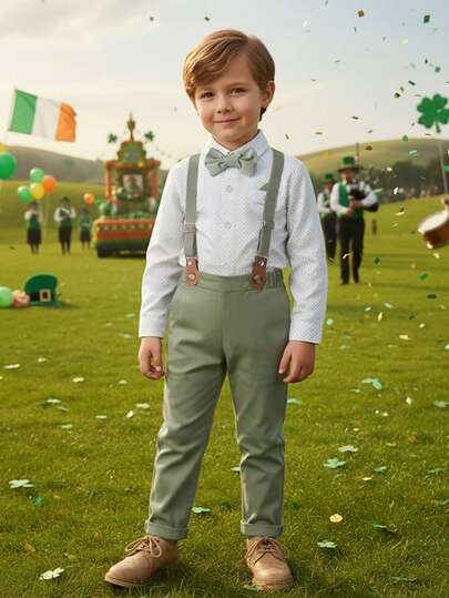 BOARNSEORL 两件套男童绅士套装，长袖衬衫配领结和绿色背带裤，时尚优雅，适合生日、周年纪念、派对和日常穿着。