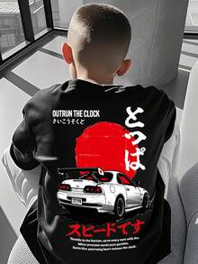 男童休闲印花圆领短袖T恤，夏季上衣 - 黑色 - 查看 7