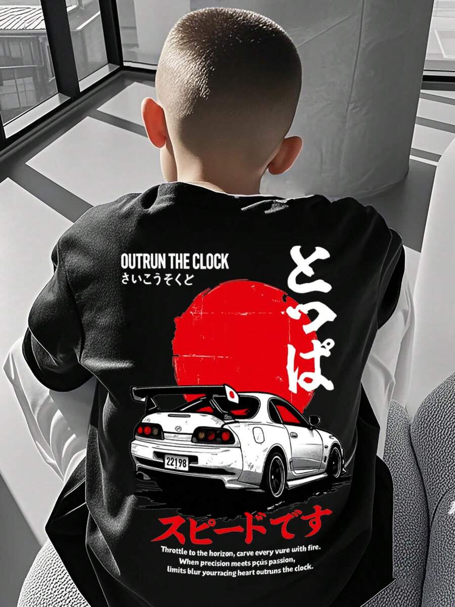 Camiseta de cuello redondo de manga corta con estampado informal para niños preadolescentes, top de verano - Negro - Ver 1