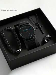 4/3pcs Boys' Classic Fashionable Business Casual Pointer Quartz Watches, Suitable For Boys To Wear, Equipped With Fashionable Bracelets, Pendant Necklaces, And Ring Sets, Suitable For Students To Wear, Very Suitable For Daily Life Such As Returning To School, Gatherings, And Travel. Birthday Gifts, Graduation Season, Christmas, Perfect Gifts For Boys - Multicolor - View 2