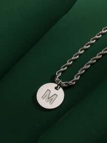1pc Fashionable Hiphop Stainless Steel Round Disc 26 Letters A-Z Pendant With Stainless Steel Twisted Chain Necklace, Suitable For Men's Daily Wear - Steel-colored Round Letter Necklace - View 17