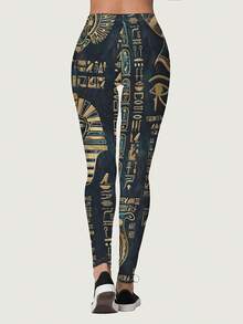 Women's Print Leggings - Premium Super Soft Stretchy Fabric, Bold Color Block & Egyptian Hieroglyphic Print, Machine Washable Casual Yoga Pants For Spring Summer Fall, Seasonal Fashion, Comfortable Fit - phong cách - Xem 3