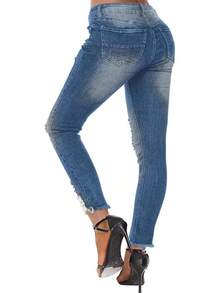 Women's Jeans Butt Lift Comfy Stretchy Ripped Skinny Mid Waist Destroyed Denim Pants (Pack Of 2) - Dark Blue and Blue - View 2