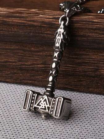 Vintage Creative Unisex Nordic Viking Odin's Hammer Pendant Niche Cultural Design Necklace, Versatile For Daily Wear, Commute, Dating, Displays Unique Taste, Retro Texture