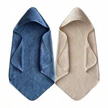 2件装婴儿连帽浴巾，超柔软珊瑚绒吸水性儿童纯色浴袍，新生儿秋冬季沐浴斗篷 - 可机洗，完美的婴儿洗礼礼物 - 藍色+咖色 - 查看 1