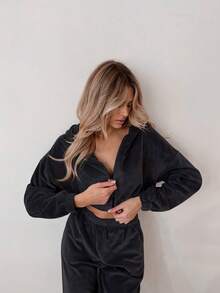 2pcs Women's Velvet Tracksuit Set, With Hooded Zip-Up Crop Top And Comfortable Stretchy Sweatpants, Suitable For Casual Wear Black Spring - Black - View 10