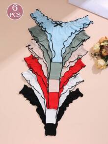 6pcs/Pack Women's Colorful Bow Decor Ruffle Trim Low Waist Briefs, Sweet Style - Multicolor - View 3